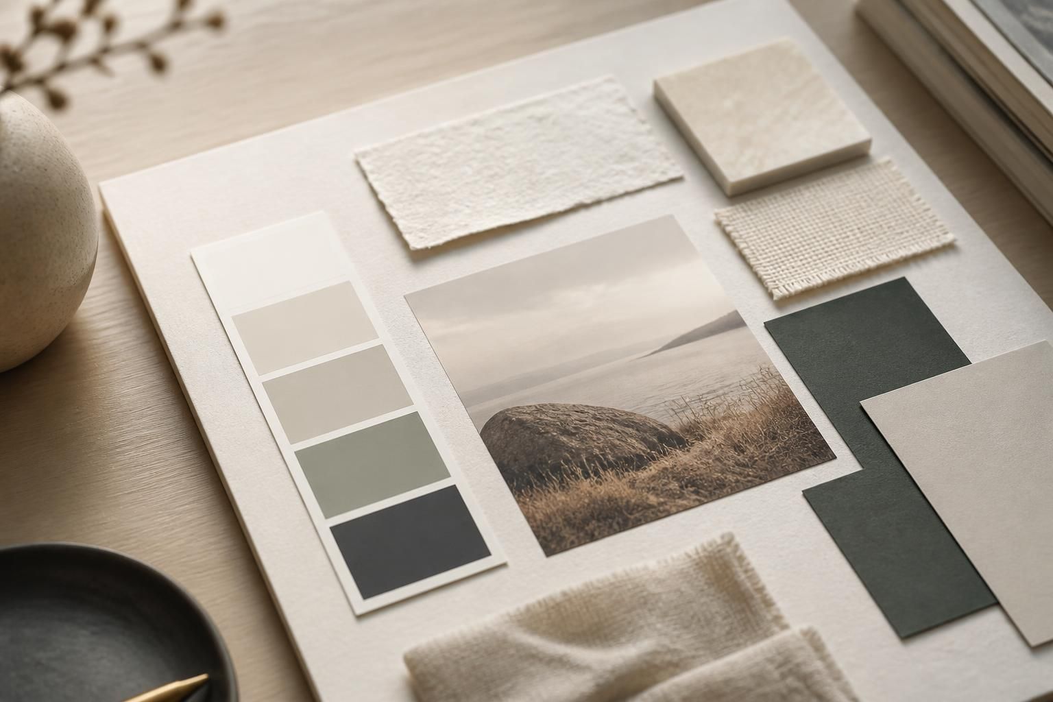 Minimalist mood board with muted color swatches and paper textures.