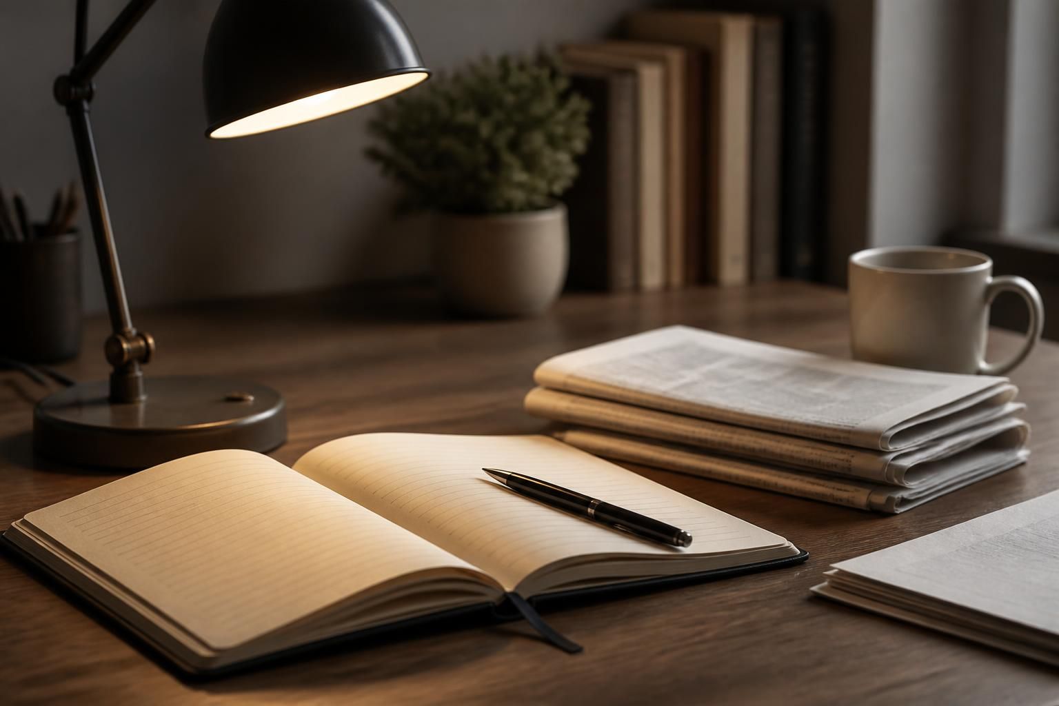 Editorial writing desk with notebook and article drafts.