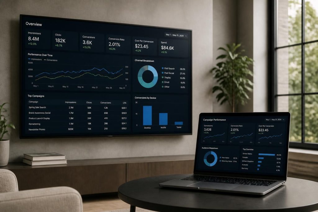 Modern workspace with analytics display and laptop dashboard.