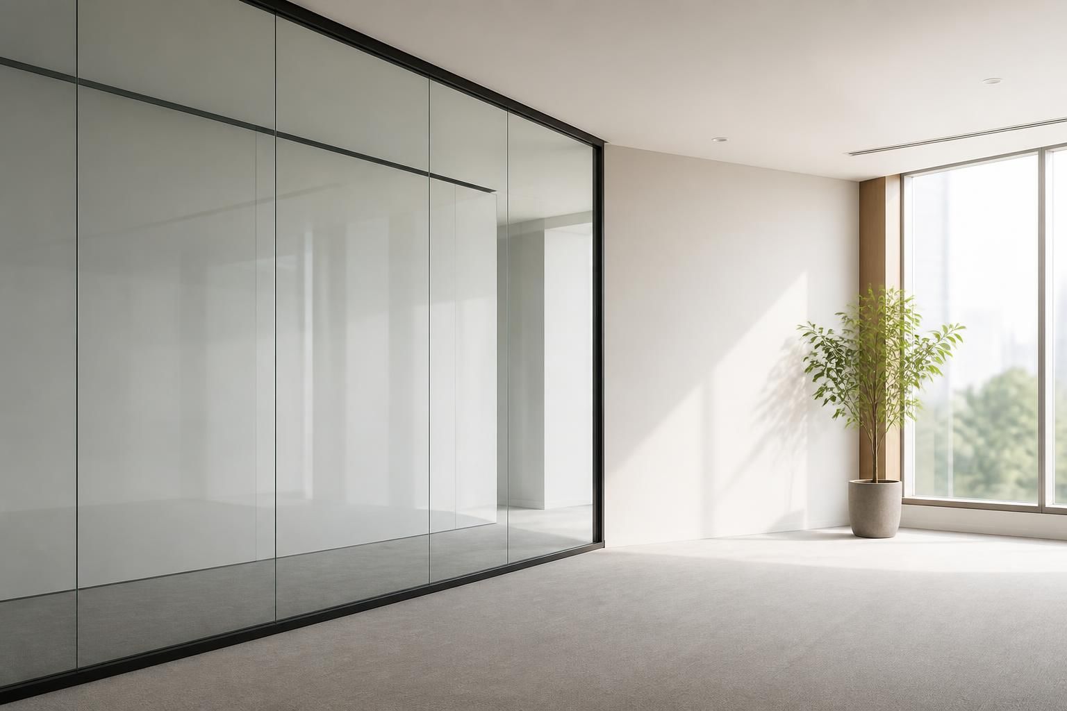 Bright modern office with open space for call to action text.