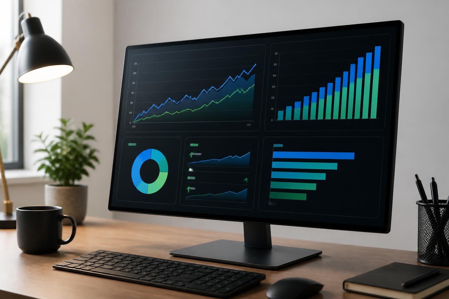 Campaign performance display with rising charts and clean desk accents.